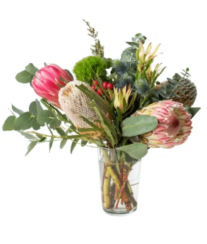 Floral Arrangement of Australian Native Flowers, including Protea and Banksia, in a Vase