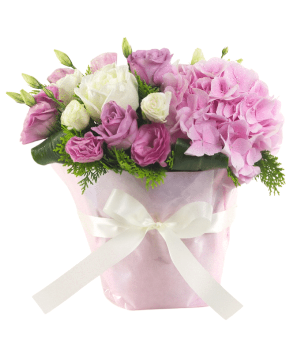 Floral Arrangement of Pink Roses and Hydrangea with White Roses