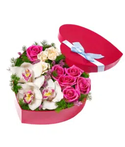 Bouquet of Roses and Orchids in a Heart-Shaped Box