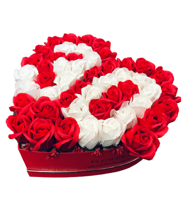 Arrangement of Red and White Roses in Heart Box
