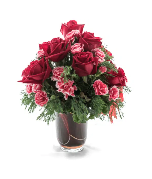 Arrangement of Red Roses and Carnations in Vase