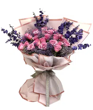 Purple Mauve Pink Roses Dollar leaves Handbunch Exotic
