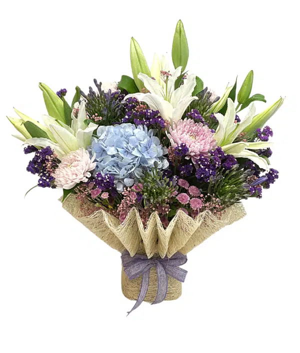 blue hydrangea,pink disbuds,lilies.purple dotted chrysantheums, purple small daisies