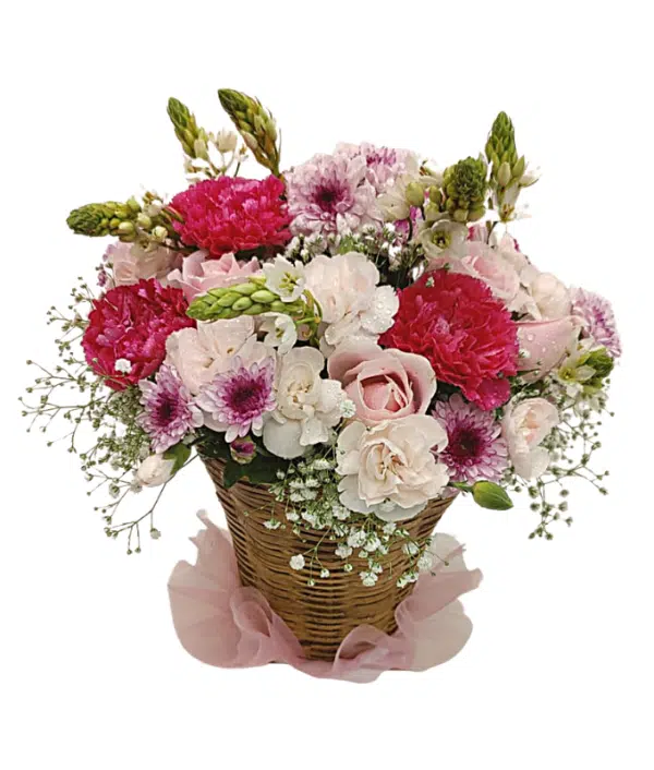 pink carnation,purple chrysanthemums,pink roses,white spray carantions,ornithogalum in basket