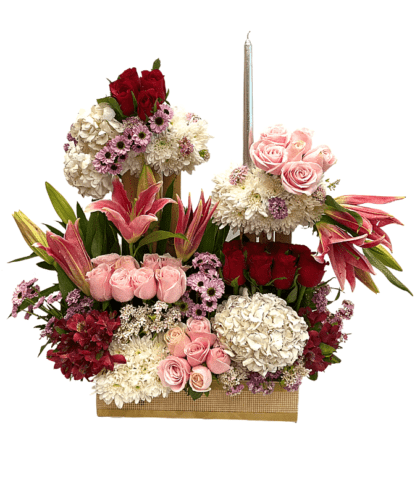 Red roses,pink roses,white hydragea,white chrysanthemum,purple button chrysanthemum,lilies