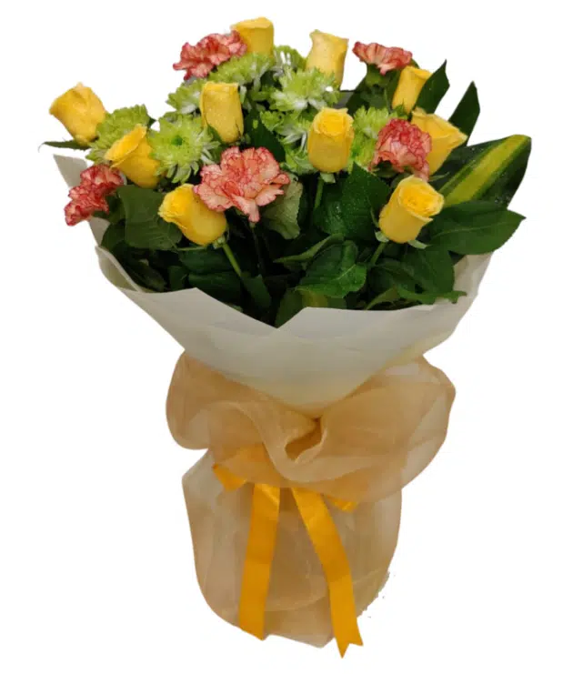 yellow roses,orange carnations,green chrysanthemums