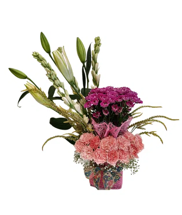 pink carnations,ragnigandha,lilies,purple chrysanthemumns