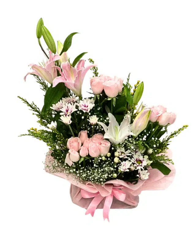 Sweet Pink roses,purple shaded chrysanthemums,pink lilies,white lilies 