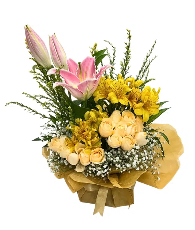 Peach roses,yellow astromeria,pink lilies
