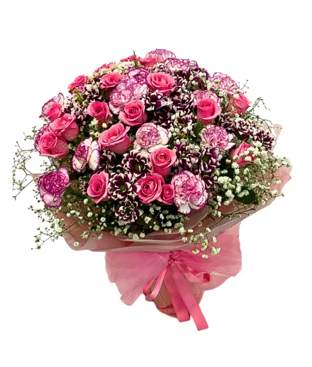 Pink roses,Purple shaded carnations purple shaded chrysanthemums