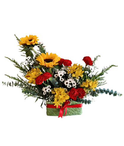 Sunflowers,yellow alstroemeria,red carnations,black and white dotted chrysanthemums,eucalyptus