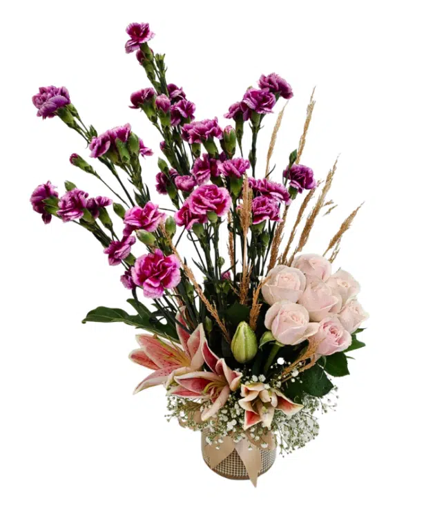 Purple Shaded chrysanthemums,Sweet Pink roses,pink lilies 