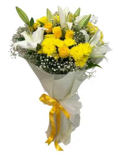 White/ yellow lilies ,Yellow chrysanthemums,yellow roses