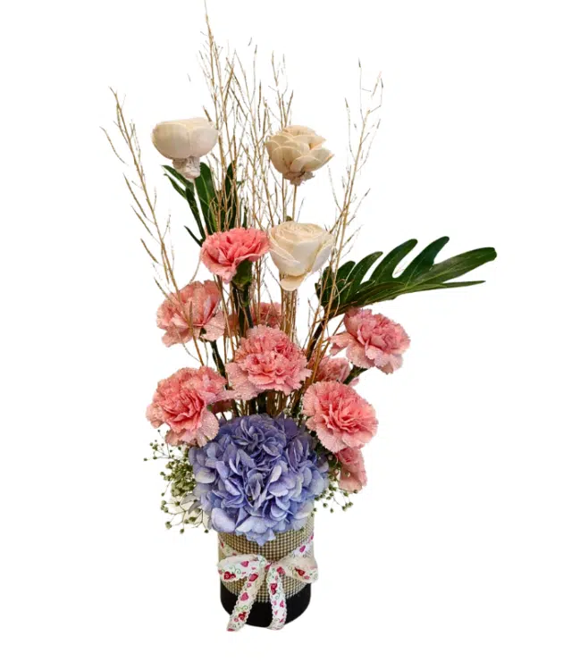 Blue Hydrangea,pink carnations 
