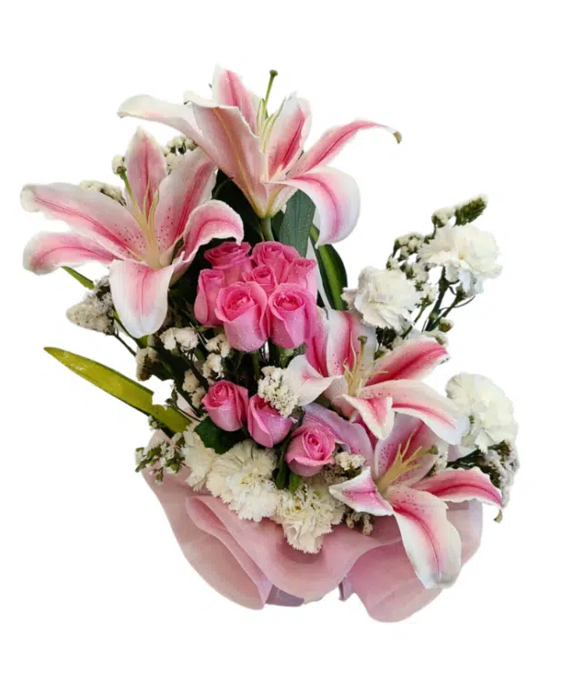baby pink roses,pink lilies,white carnations