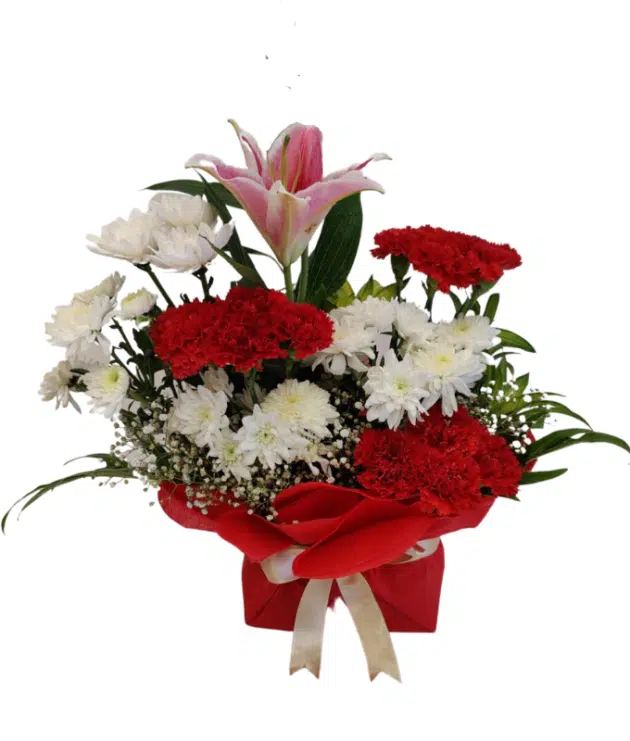 Red Carnations,white chrysanthemums,pink lilies