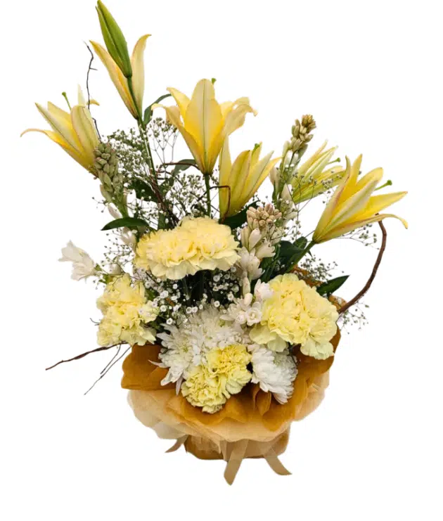 Yellow lilies,Yellow carnations,white chrysanthemums,tuberoses