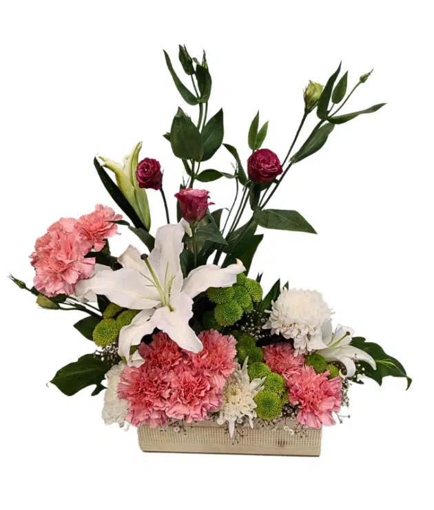 White lilies,Pink Eustoma,green button chrysanthemums,pink carnations 