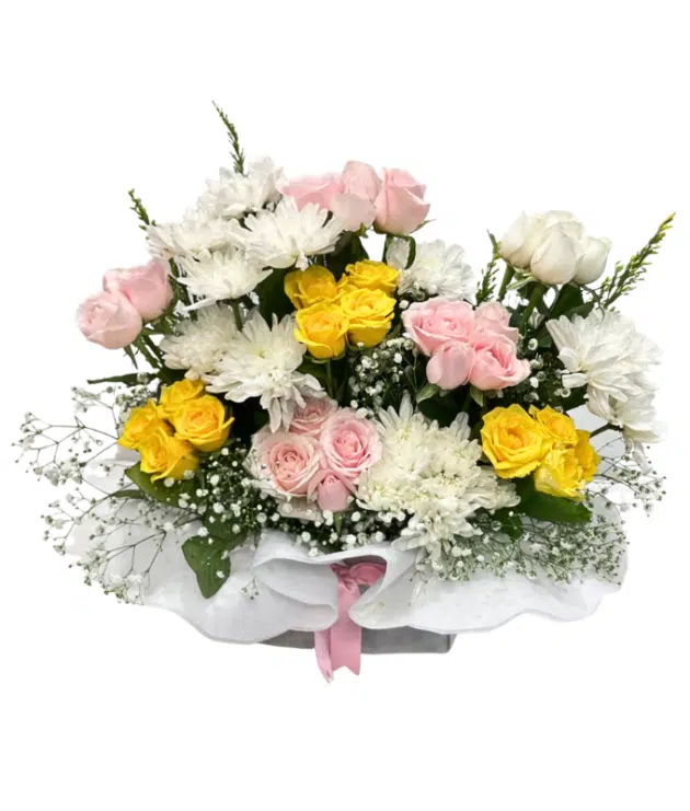 Sweet pink roses,yellow roses,white chrysanthemums